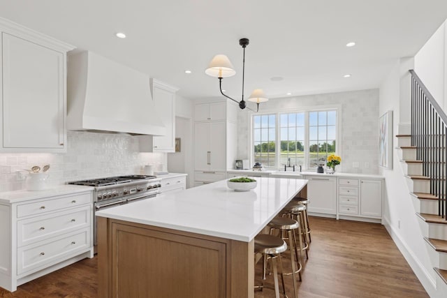 956 Mississippi River Blvd S, Saint Paul, MN 55116 - kitchen with stainless steel stove, premium range hood, tasteful backsplash, a center island, and white cabinets