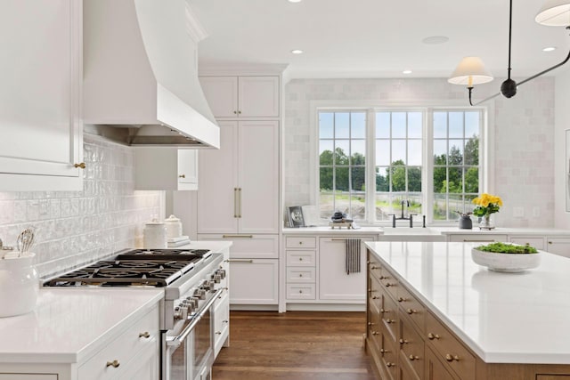 956 Mississippi River Blvd S, Saint Paul, MN 55116 - kitchen featuring range with two ovens, custom exhaust hood, decorative backsplash, dark wood-style flooring, and recessed lighting