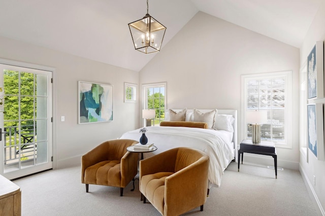 956 Mississippi River Blvd S, Saint Paul, MN 55116 - bedroom featuring access to outside, carpet floors, a chandelier, multiple windows, and high vaulted ceiling