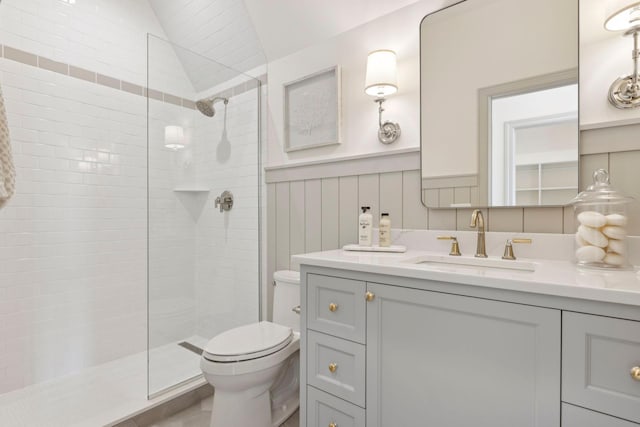 956 Mississippi River Blvd S, Saint Paul, MN 55116 - full bathroom with vanity, a walk in shower, a wainscoted wall, and vaulted ceiling
