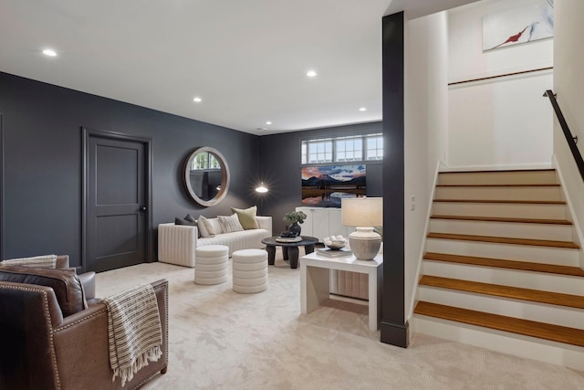 956 Mississippi River Blvd S, Saint Paul, MN 55116 - living area featuring light colored carpet, stairs, and recessed lighting