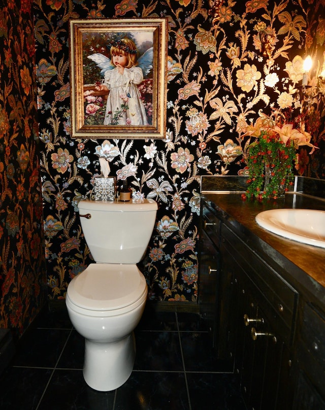 22761 105th Ave, Milaca, MN 56353 - half bath featuring wallpapered walls, tile patterned floors, and vanity