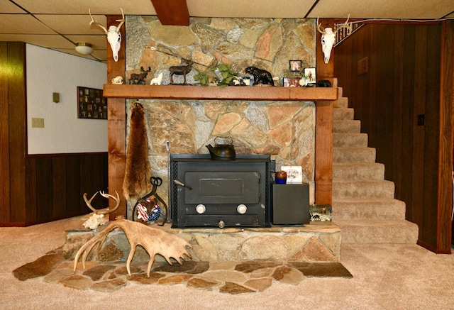 22761 105th Ave, Milaca, MN 56353 - detailed view of carpet, wood walls, a wood stove, and a wainscoted wall