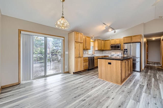 12740 Eveleth Path, Apple Valley, MN 55124 - kitchen featuring appliances with stainless steel finishes, lofted ceiling, a chandelier, light wood-style floors, and rail lighting