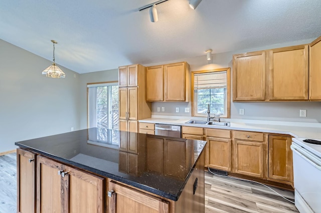 12740 Eveleth Path, Apple Valley, MN 55124 - kitchen featuring white electric range oven, dishwasher, healthy amount of natural light, light wood finished floors, and lofted ceiling