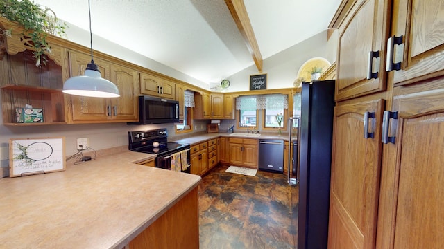 2017 Highland Ave, Albert Lea, MN 56007 - kitchen featuring black microwave, electric stove, stainless steel dishwasher, freestanding refrigerator, and light countertops