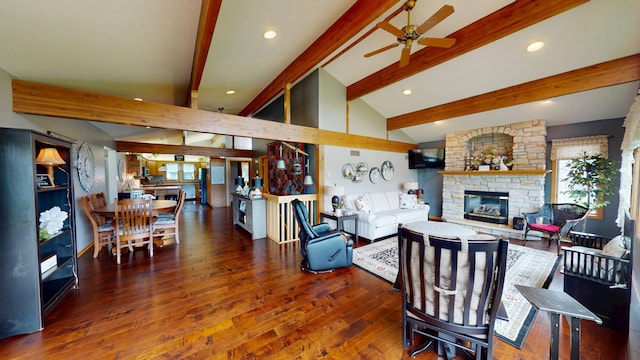 2017 Highland Ave, Albert Lea, MN 56007 - living room with a stone fireplace, ceiling fan, wood finished floors, and recessed lighting