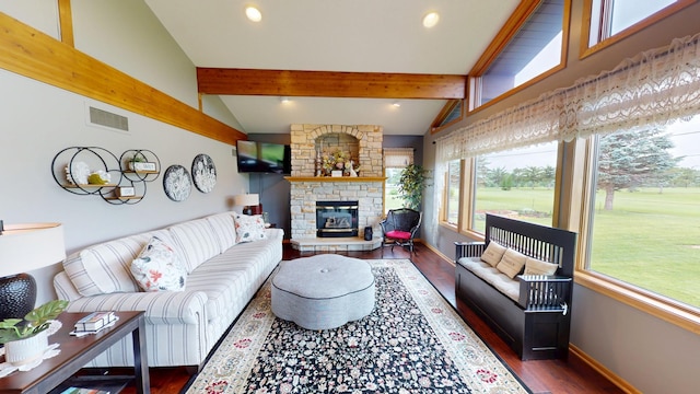 2017 Highland Ave, Albert Lea, MN 56007 - living area with wood finished floors, plenty of natural light, a fireplace, and recessed lighting