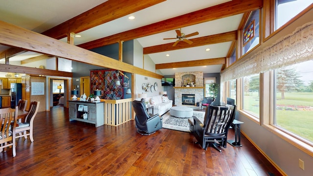 2017 Highland Ave, Albert Lea, MN 56007 - living area with a stone fireplace, a ceiling fan, wood-type flooring, and recessed lighting