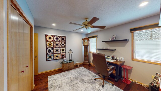 2017 Highland Ave, Albert Lea, MN 56007 - office with ceiling fan, recessed lighting, a textured ceiling, and dark wood-type flooring