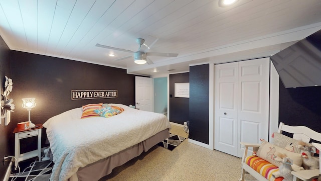 2017 Highland Ave, Albert Lea, MN 56007 - bedroom with wood ceiling, ceiling fan, recessed lighting, and speckle patterned floor