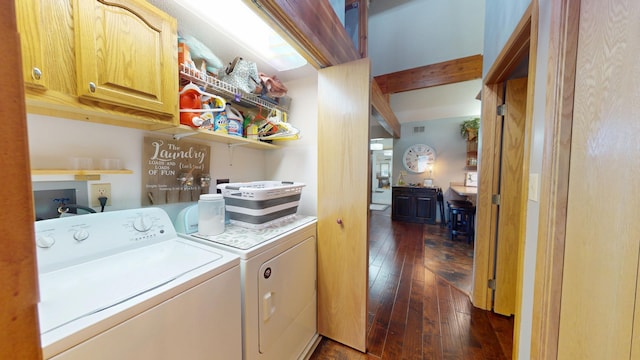 2017 Highland Ave, Albert Lea, MN 56007 - laundry area with cabinet space, washing machine and clothes dryer, and dark wood-style floors