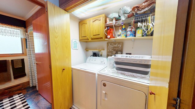 2017 Highland Ave, Albert Lea, MN 56007 - laundry room with cabinet space, separate washer and dryer, ornamental molding, and dark stone finish floors