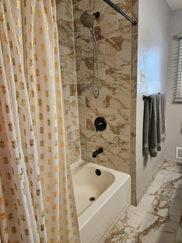 5306 Boulder Ln, Brooklyn Center, MN 55429 - bathroom with shower / bath combination with curtain and marble finish floors