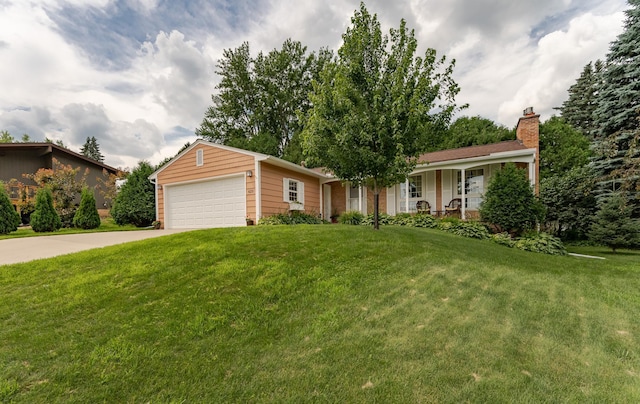 625 Folwell Ln SW, Rochester, MN 55902 - ranch-style house featuring a front lawn, a chimney, a garage, concrete driveway, and a porch
