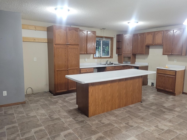 302 3rd St W, Hastings, MN 55033 - kitchen with a center island, open shelves, a textured ceiling, brown cabinetry, and light countertops