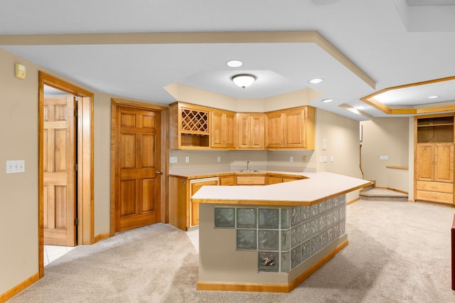 6354 Oxbow Bnd, Chanhassen, MN 55317 - kitchen with light carpet, light countertops, recessed lighting, a peninsula, and open shelves