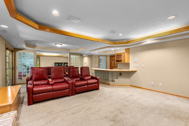 6354 Oxbow Bnd, Chanhassen, MN 55317 - cinema room featuring carpet, recessed lighting, a tray ceiling, and a textured ceiling