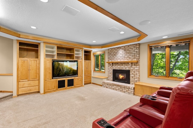 6354 Oxbow Bnd, Chanhassen, MN 55317 - living area featuring light colored carpet, a brick fireplace, recessed lighting, and a textured ceiling