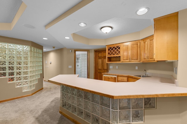 6354 Oxbow Bnd, Chanhassen, MN 55317 - kitchen with light colored carpet, light countertops, a peninsula, recessed lighting, and open shelves