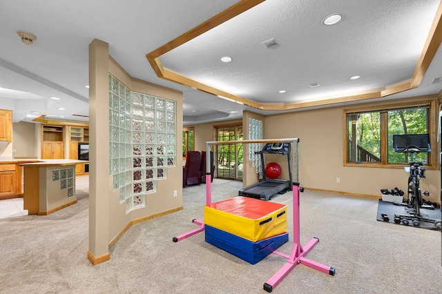 6354 Oxbow Bnd, Chanhassen, MN 55317 - rec room with light colored carpet, a raised ceiling, recessed lighting, and a textured ceiling