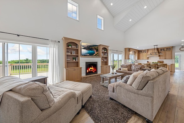 13827 Halstad Ave, Lonsdale, MN 55046 - living area featuring high vaulted ceiling, light wood-type flooring, a lit fireplace, healthy amount of natural light, and recessed lighting