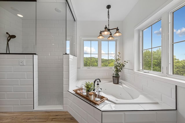 13827 Halstad Ave, Lonsdale, MN 55046 - bathroom featuring plenty of natural light, a walk in shower, a jetted tub, and wood finished floors