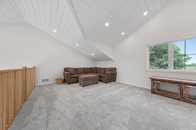 13827 Halstad Ave, Lonsdale, MN 55046 - carpeted living area with lofted ceiling, recessed lighting, and wood ceiling