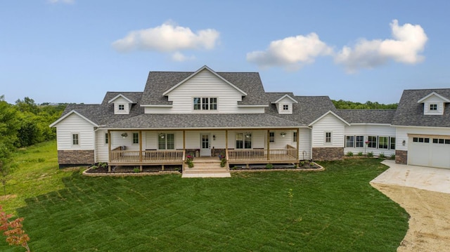13827 Halstad Ave, Lonsdale, MN 55046 - view of front facade featuring stone siding, covered porch, concrete driveway, a front lawn, and roof with shingles