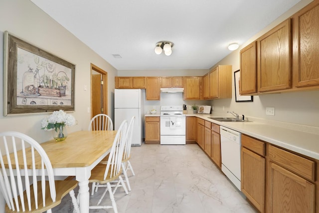 314 Archibald Ln, Dundas, MN 55019 - kitchen featuring white appliances, light marble finish floors, light countertops, and under cabinet range hood