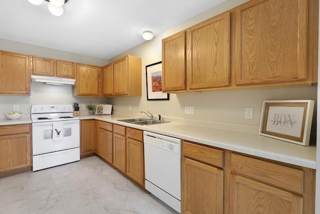 314 Archibald Ln, Dundas, MN 55019 - kitchen featuring white appliances, under cabinet range hood, light marble finish floors, and light countertops