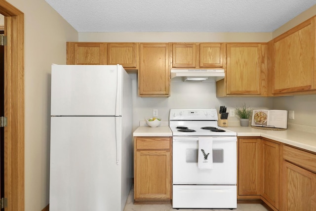 314 Archibald Ln, Dundas, MN 55019 - kitchen with white appliances, under cabinet range hood, light countertops, and a textured ceiling