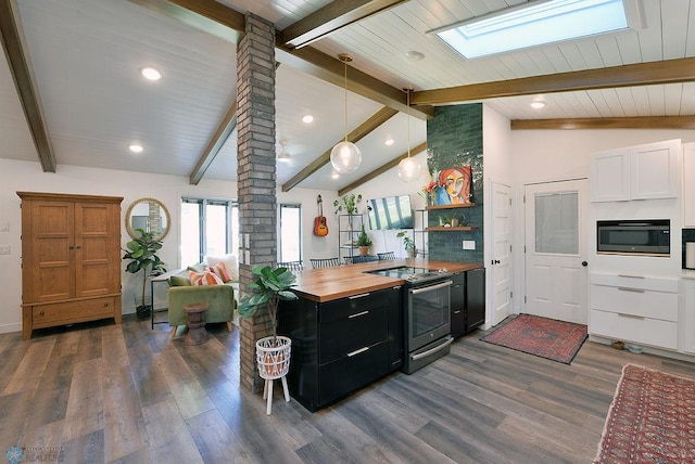 2833 1st St N, Fargo, ND 58102 - kitchen featuring electric range oven, wooden counters, dark wood-type flooring, dark cabinets, and a skylight