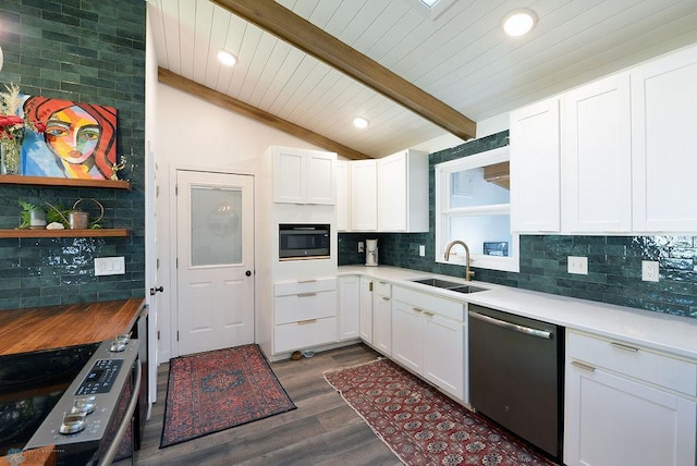 2833 1st St N, Fargo, ND 58102 - kitchen featuring dishwasher, tasteful backsplash, dark wood-style flooring, white cabinets, and built in microwave