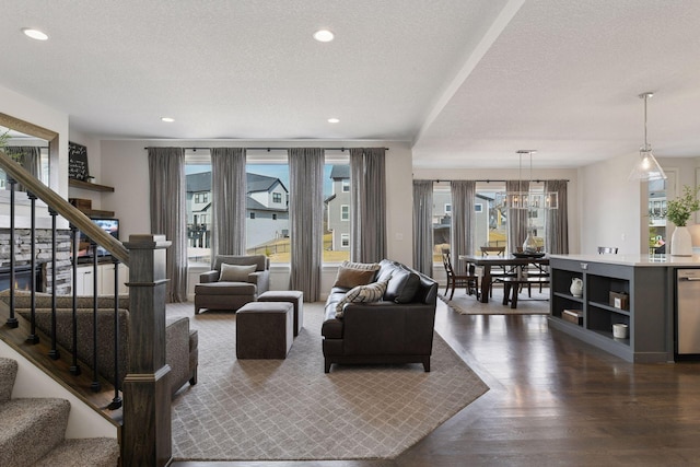 6333 Yuma Ln N, Maple Grove, MN 55311 - living area featuring stairway, dark wood-style floors, recessed lighting, and a textured ceiling