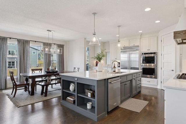 6333 Yuma Ln N, Maple Grove, MN 55311 - kitchen featuring stainless steel appliances, gray cabinetry, light countertops, open shelves, and dark wood-style floors