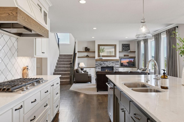 6333 Yuma Ln N, Maple Grove, MN 55311 - kitchen featuring stainless steel appliances, custom exhaust hood, a stone fireplace, decorative backsplash, and dark wood-style floors