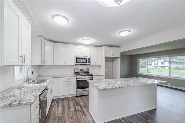 3667 205th St W, Farmington, MN 55024 - kitchen featuring stainless steel appliances, dark wood-style flooring, white cabinets, and a textured ceiling