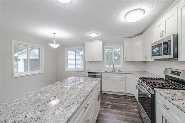 3667 205th St W, Farmington, MN 55024 - kitchen with appliances with stainless steel finishes, dark wood-style flooring, plenty of natural light, white cabinetry, and a textured ceiling