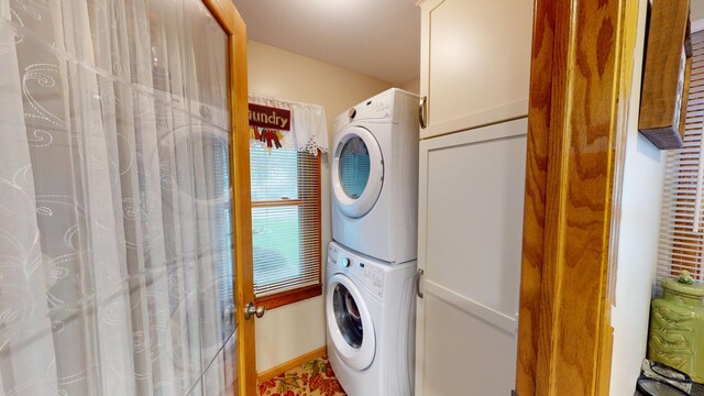 216 1st St, Kiester, MN 56051 - washroom featuring stacked washer and clothes dryer and cabinet space