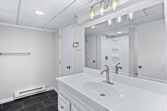 422 Jefferson Ave S, Edina, MN 55343 - full bath with baseboard heating, vanity, tile patterned flooring, a shower, and recessed lighting