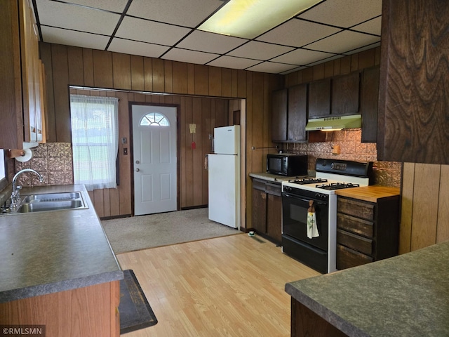 1264 389th Ave NE, Stanchfield Twp, MN 55080 - kitchen with gas range, freestanding refrigerator, under cabinet range hood, black microwave, and tasteful backsplash