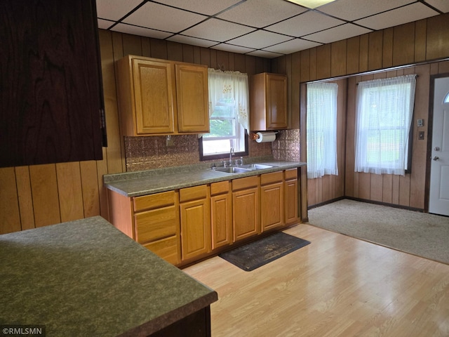 1264 389th Ave NE, Stanchfield Twp, MN 55080 - kitchen with dark countertops, wooden walls, light wood-type flooring, a paneled ceiling, and backsplash