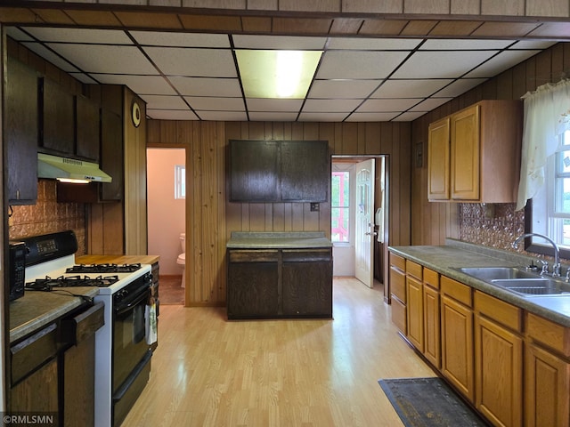 1264 389th Ave NE, Stanchfield Twp, MN 55080 - kitchen featuring gas stove, under cabinet range hood, wooden walls, light wood finished floors, and a drop ceiling