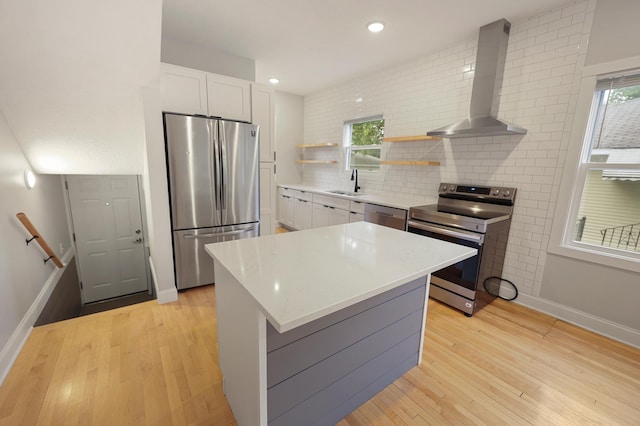 730 13th Ave S, Saint Cloud, MN 56301 - kitchen featuring wall chimney range hood, stainless steel appliances, white cabinetry, backsplash, and light wood finished floors