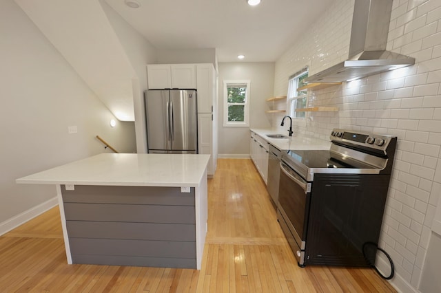 730 13th Ave S, Saint Cloud, MN 56301 - kitchen featuring appliances with stainless steel finishes, wall chimney exhaust hood, white cabinetry, tasteful backsplash, and light countertops