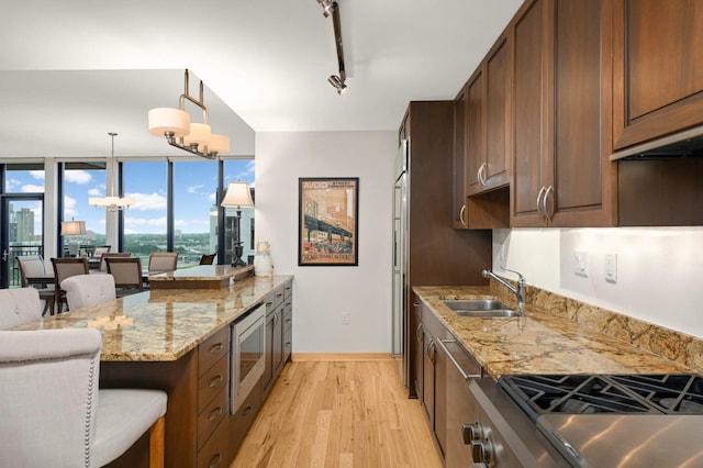 1120 2nd St Unit 1002, Minneapolis, MN 55415 - kitchen featuring stainless steel microwave, light wood-style flooring, rail lighting, and light stone countertops