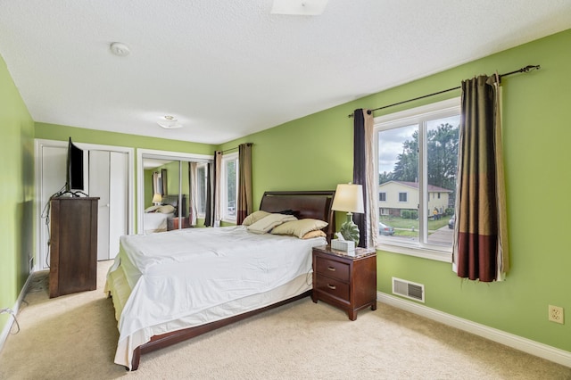 2735 Chisholm Ave N, Saint Paul, MN 55109 - bedroom with light colored carpet, a textured ceiling, and two closets