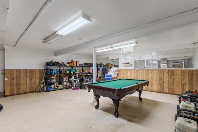 2735 Chisholm Ave N, Saint Paul, MN 55109 - rec room with wooden walls, tile patterned floors, pool table, and a wainscoted wall