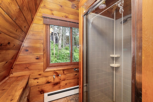 6618 Sumac Dr, Grand Lake Twp, MN 55803 - full bathroom featuring baseboard heating, a stall shower, and wooden walls
